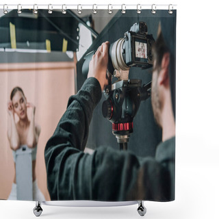 Personality  Selective Focus Of Cameraman And Beautiful Model Working In Hoto Studio Shower Curtains