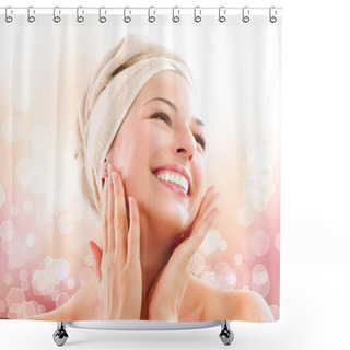 Personality  Beautiful Girl After Bath Touching Her Face Shower Curtains