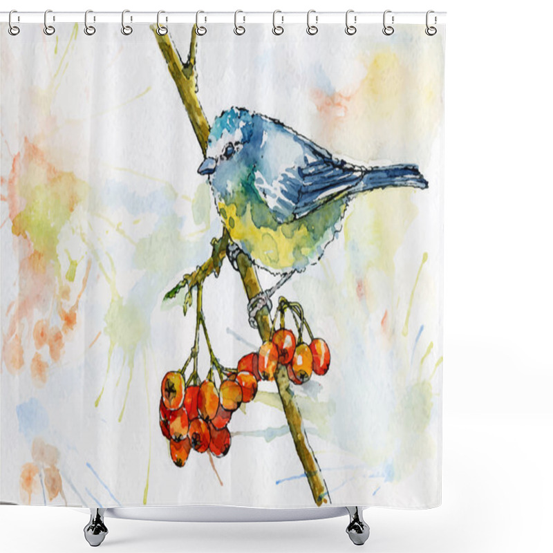 Personality  Titmouse Sitting On A Rowanberries Tree Shower Curtains