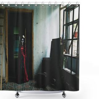 Personality  Girl With Skull Face Standing In Haunted House Shower Curtains