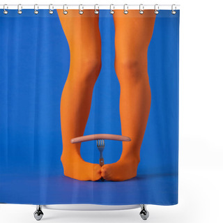 Personality  Cropped View Of Model In Bright Orange Tights Holding Fork And Sausage With Legs On Blue Shower Curtains