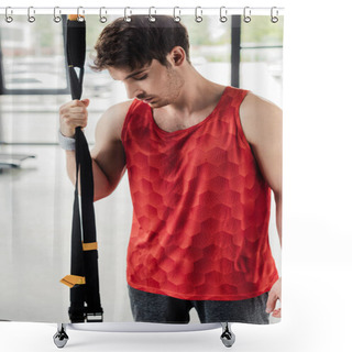Personality  Tired Sportsman Standing And Touching Resistance Bands In Gym  Shower Curtains