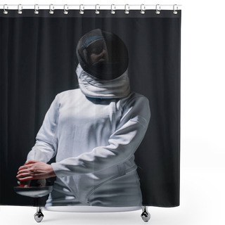 Personality  Fencer In Fencing Suit And Mask Holding Rapier Isolated On Black  Shower Curtains