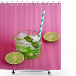 Personality  High Angle View Of Frozen Ice Cubes In Glass With Mint And Green Mojito Drink On Pink  Shower Curtains