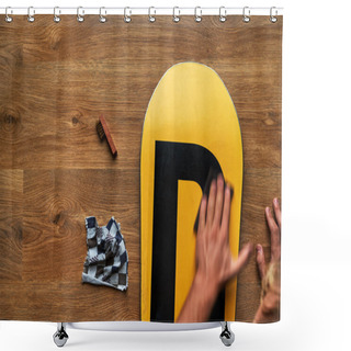 Personality  Man Rubs Snowboard Sponge Wax On  Wooden Floor Shower Curtains