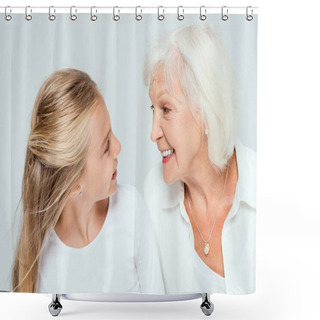 Personality  Smiling Granddaughter And Grandmother Looking At Each Other Isolated On Grey  Shower Curtains