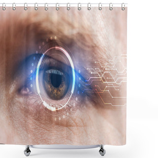 Personality  Close Up View Of Mature Human Eye With Data Illustration, Robotic Concept Shower Curtains