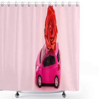 Personality  Toy Car And Red Rose On Pink Background, Banner Shower Curtains