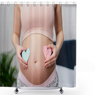 Personality  Cropped Shot Of Pregnant Woman Holding Blue And Pink Hearts With Question Marks Shower Curtains