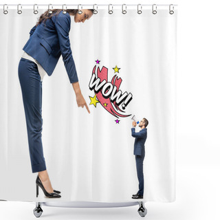 Personality  Small Businessman Shouting In Mouthpiece At Big Businesswoman Pointing With Finger Isolated On White With Wow Lettering Shower Curtains
