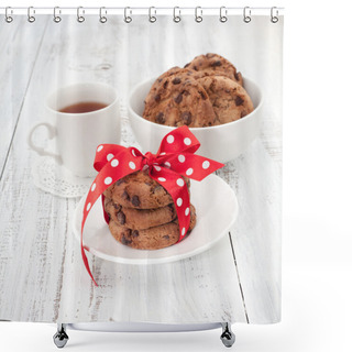 Personality  Chocolate Chip Cookies On A White Plate With Cup Of Tea Shower Curtains