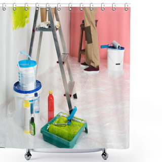 Personality  Close Up View Of Paint Tins, Bottles, Ladder With Coffee Cups And Protective Gloves, Roller Tray With Paint Roller And Man Working Behind  Shower Curtains