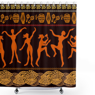 Personality  Dancers And Musicians. Stylized Cave Art Painting. Set Of Seamless Bohemian Borders With Aboriginal Motifs. Shower Curtains