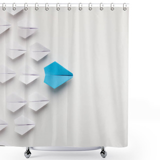 Personality  One Blue Paper Plane Leading Group Of White Ones Shower Curtains