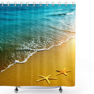 Personality  Starfish On Sand And Wave Shower Curtains