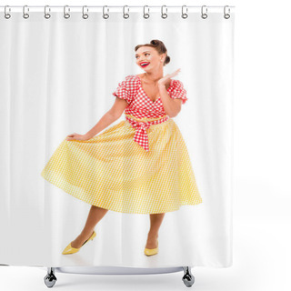 Personality  Beautiful Pin Up Girl In Bright Vintage Clothes Posing On High Heels Isolated On White Shower Curtains