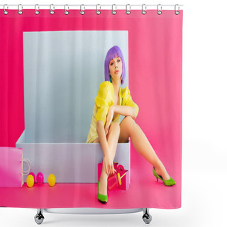 Personality  Bored Girl In Purple Wig As Doll Sitting In Blue Box With Balls And Shopping Bags, On Pink Shower Curtains