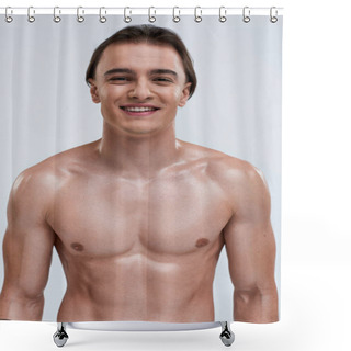 Personality  Cheerful Alluring Young Male Model Posing Topless And Smiling Happily At Camera On Gray Backdrop Shower Curtains