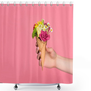 Personality  Cropped Shot Of Girl Holding Ice Cream Cone With Beautiful Flowers Isolated On Pink Shower Curtains