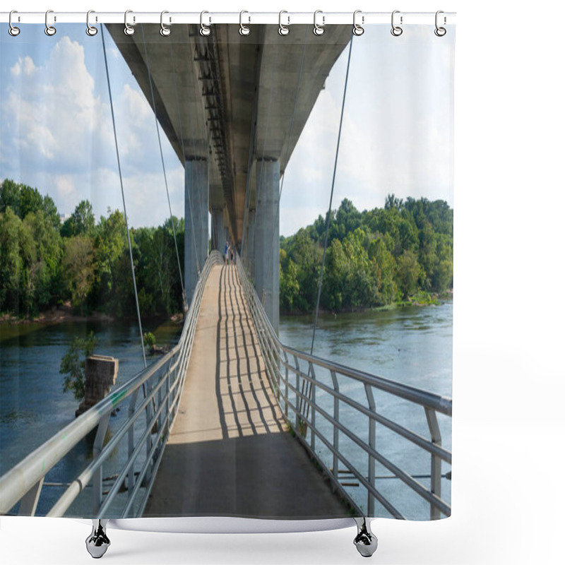 Personality  RICHMOND, VIRGINIA - August 9, 2019: People Walk Over The Belle Isle Suspension Bridge On A Beautiful Summer Day Shower Curtains