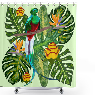 Personality  Green Tropical Bird Great Resplendent Quetzal Sitting On A Branch Against The Backdrop Of A Tropical Foliage And Flowers, Design, Rare, Endangered Species, Red Data Book, Security Shower Curtains