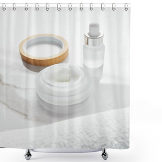 Personality  Opened Jar With Cosmetic Cream And Glass Bottle Near Towel On White Surface Shower Curtains