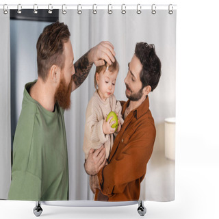 Personality  Same Sex Parents Holding Baby Daughter With Apple In Living Room  Shower Curtains