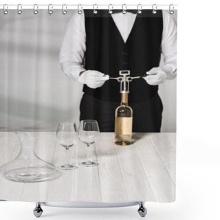 Personality  Partial View Of Waiter In White Gloves Opening Bottle Of Wine With Corkscrew Shower Curtains