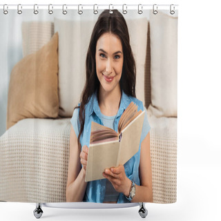 Personality  Young Woman Smiling At Camera While Reading Book In Living Room Shower Curtains