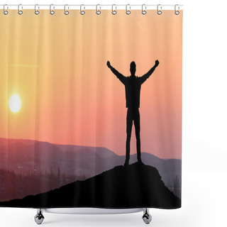 Personality  Man On Top Of Mountain. Conceptual Design. Shower Curtains