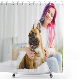 Personality  Selective Focus Of Girl Sitting On Bed And Petting Cute Bulldog Looking Away Shower Curtains