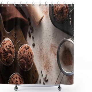 Personality  Top View Of Fresh Chocolate Muffins On Wooden Cutting Board Near Brown Napkin, Parchment Paper And Cocoa Powder On Marble Surface Shower Curtains
