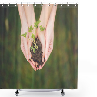 Personality  Mother And Child Hands, Holding Soil With Fresh Growing Flower Shower Curtains