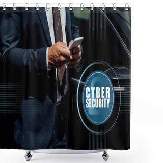 Personality  Cropped View Of African American Businessman In Suit Using Smartphone At Sunny Day Near Car With Cyber Security Illustration Shower Curtains