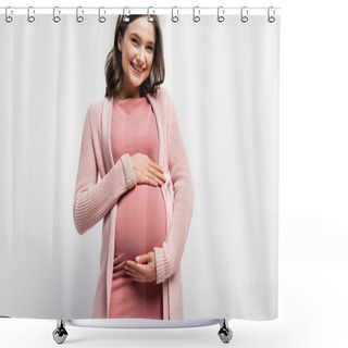 Personality  Joyful Pregnant Woman Touching Belly On White Shower Curtains