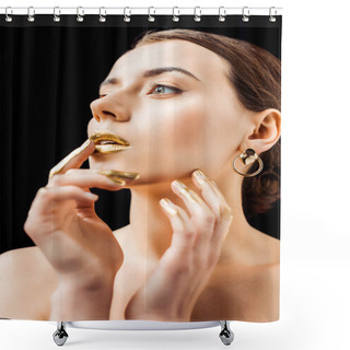 Personality  Young Naked Woman With Golden Makeup And Golden Paint On Fingers Touching Lips Isolated On Black Shower Curtains
