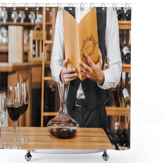Personality  Cropped Shot Of Sommelier With Wine Card Standing In Front Of Table With Decanter And Glasses At Wine Store Shower Curtains