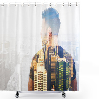 Personality  Back View Of Casual Young Man On City Background. Double Exposure. Future Concept Shower Curtains