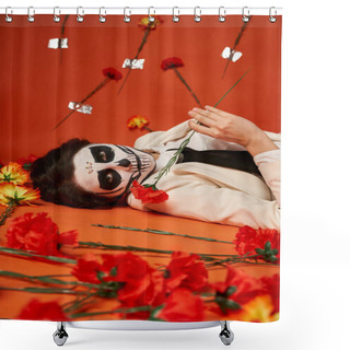 Personality  Woman In Sugar Skull Makeup And Suit Lying Down And Looking At Camera Near Carnations In Red Studio Shower Curtains
