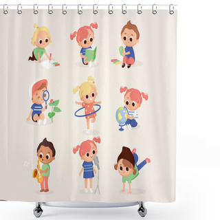 Personality  Children's Activities. Set Of Kids In Various Poses. Children Draw, Play, Sing, Dance, Play Music, Read. Kids At The Art Classes. Shower Curtains