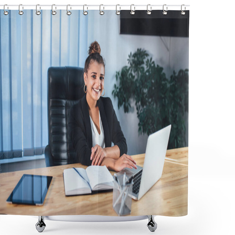 Personality  Young Beautiful Business Lady Dressed In A Business Stylish Black Jacket. Shower Curtains