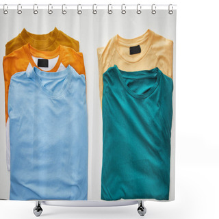 Personality  Top View Of Beige, Orange, Blue, Turquoise And Ochre T-shirts On White Background Shower Curtains