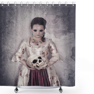 Personality  Witch Woman In Medieval Dress Holding Human Skull In Hands Shower Curtains