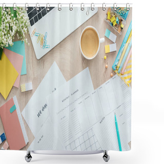 Personality  Top View Of Planners, Stationery, Cup Of Coffee And Laptop On Wooden Table Shower Curtains