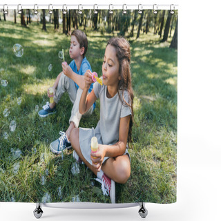 Personality  Cute Little Kids Blowing Soap Bubbles In Park Shower Curtains