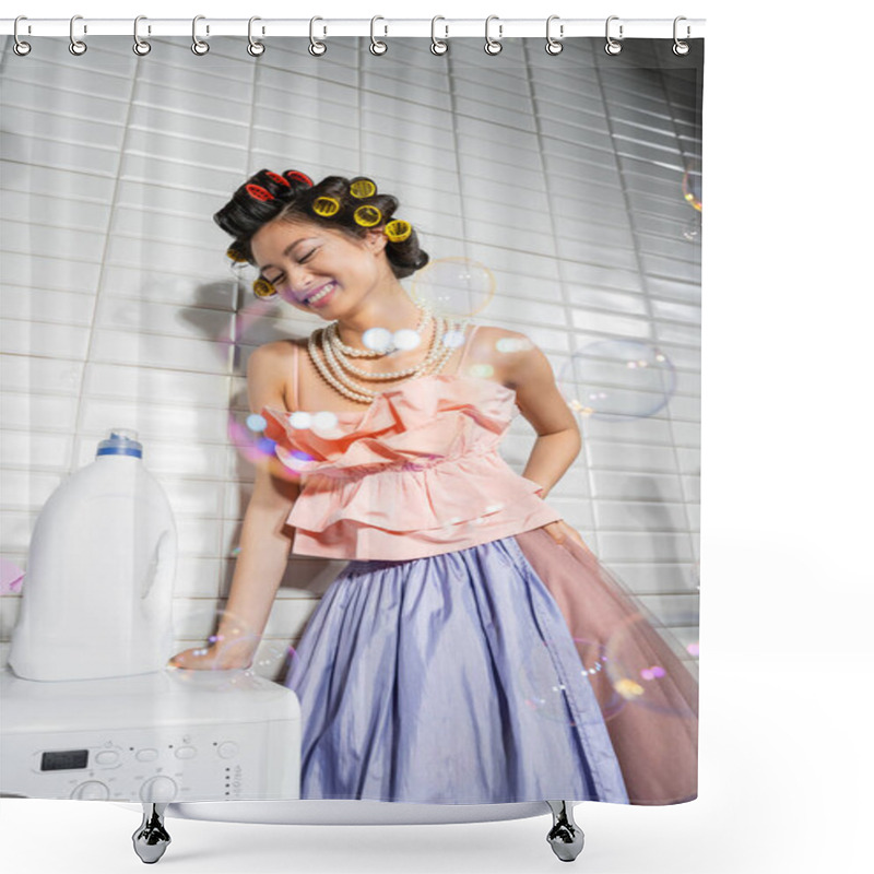 Personality  Happy And Young Asian Woman With Hair Curlers Standing In Ruffled Top, Pearl Necklace And Tulle Skirt Near Detergent Bottle On Modern Washing Machine In Laundry Room, Housewife, Soap Bubbles Shower Curtains