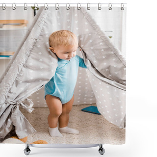 Personality  Cute Toddler Boy In Blue Bodysuit Standing In Grey Baby Wigwam On Carpet Shower Curtains