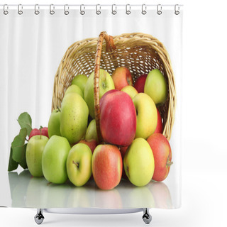 Personality  Juicy Apples With Green Leaves In Basket, Isolated On White Shower Curtains