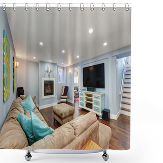 Personality  Pastel Blue Walls In Basement Living Room Interior. Shower Curtains