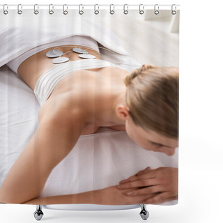 Personality  Overhead View Of Young Woman During Electrode Treatment Of Lower Back On Massage Couch In Clinic Shower Curtains